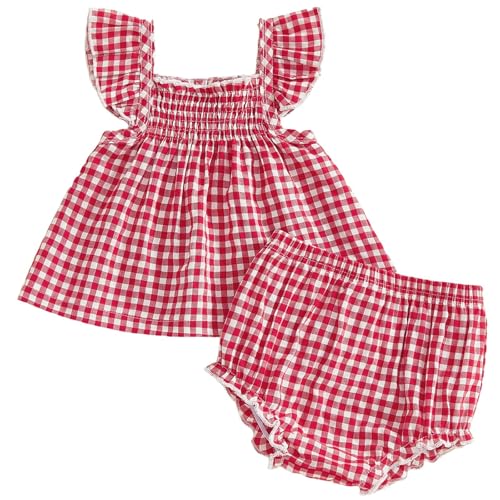 Mubineo Baby Girl Summer Clothes Cute Ruffle Tops Dress Shorts Outfits Set Infant Toddler Shirt Bloomers Princess Outfit (Plaid Red, 6-12 Months)