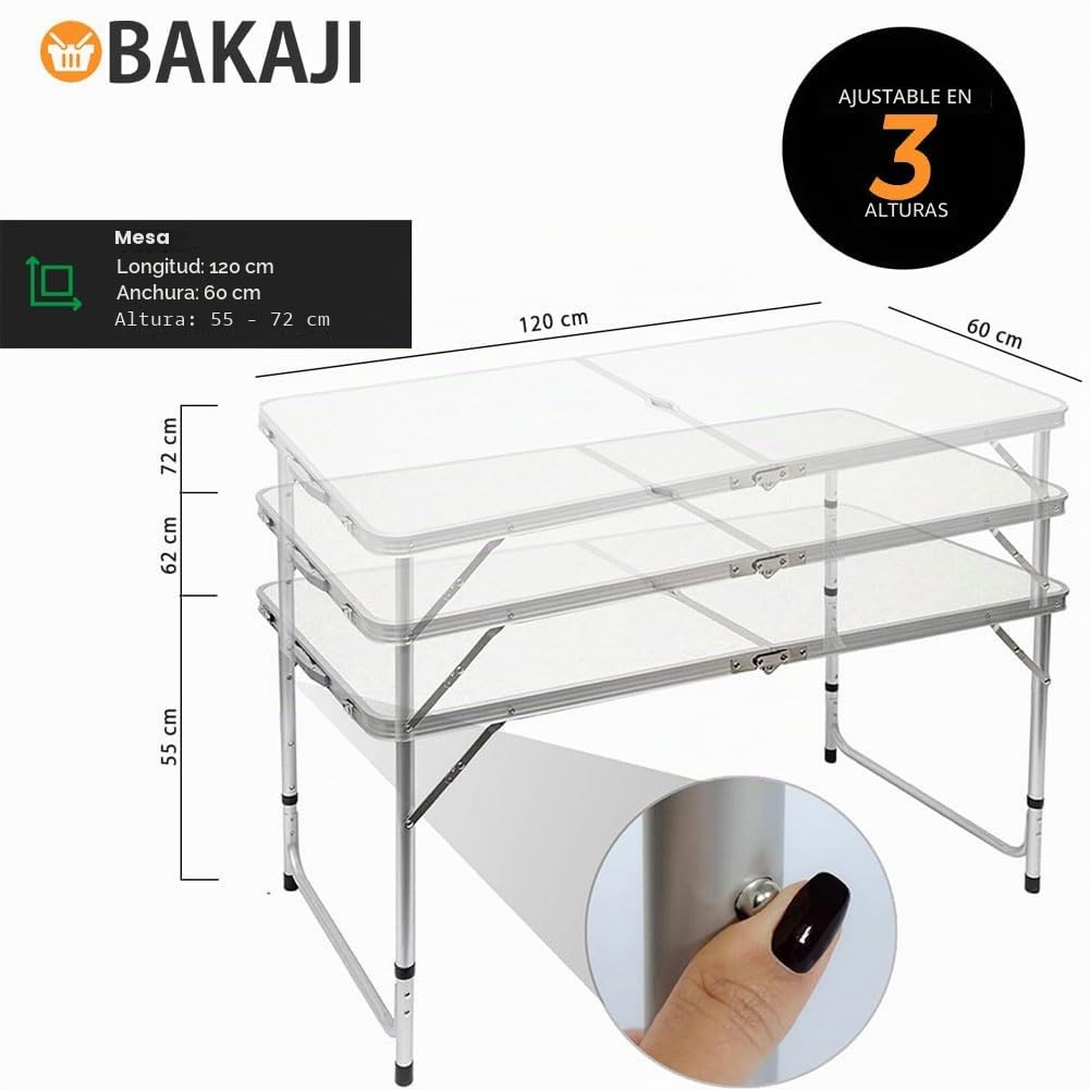 BAKAJI Juego de mesa plegable de 120 x 70 cm con 4 taburetes de picnic o playa, estructura tubular de aluminio, tablero de ABS, asientos de tela plegable, ahorra espacio con asa