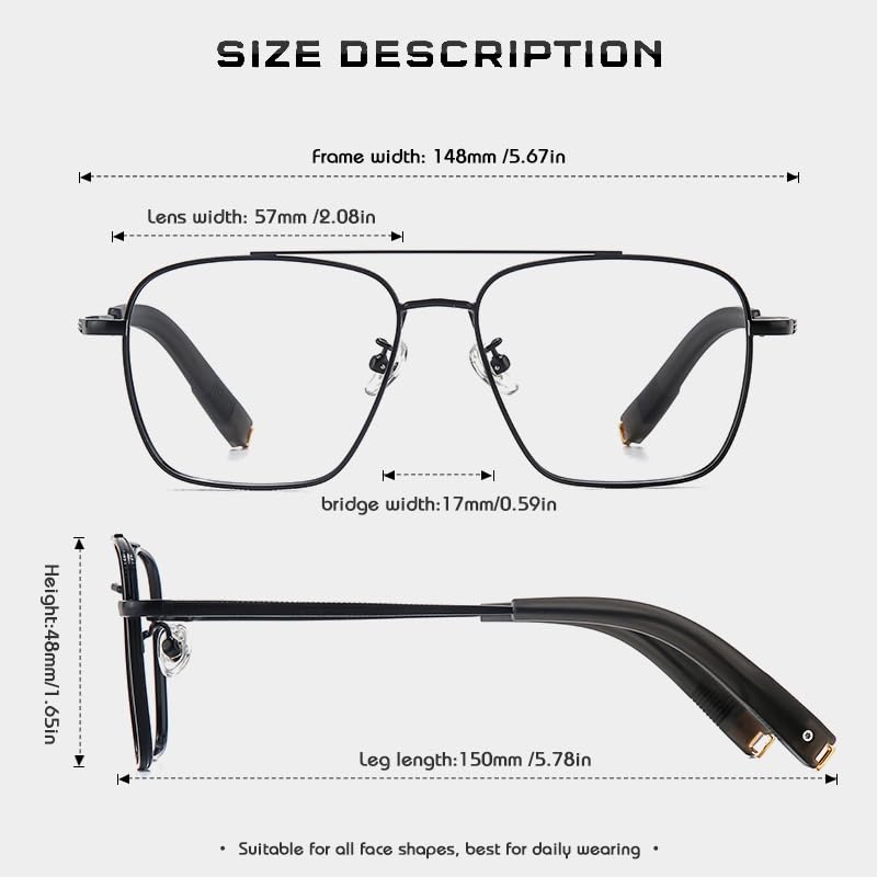 PRIVOZA Oversized Blue Light Blocking Glasses for Men Double Bridge Retro Metal Eyeglasses/Gaming Glasses UV400 Protection (Black)