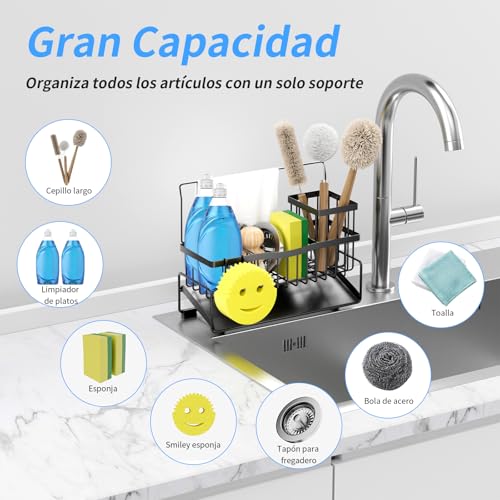 Miniatura 5 de Adurei Organizador Cocina Soporte Para Esponjas De Fregadero De Cocina Acero Inoxidable Autodrenante Para Estante De Toalla De Gancho De Esponja Con Cepillo Alto Y Gadgets Para Mostradores, Negro