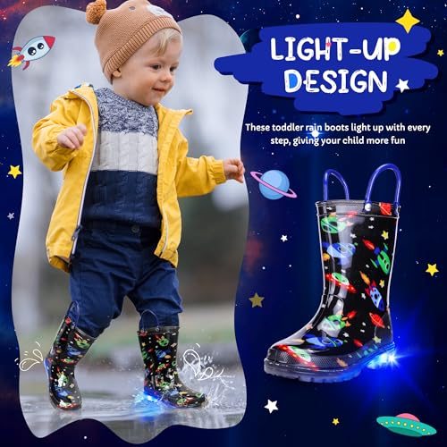 Funspread Toddler Rain Boots Boys Rain Boots - Patterns Light Up Kids Rain Boots with Easy-On Handles Lightwight Waterproof Rain Shoes Black Size 10 by Funspread - Used condition - Image 2