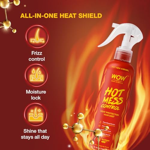 Image of WOW Skin Science Hot Mess Control Heat Protection Mist | 480F HeatShield Styling Spray | Anti-Frizz, Non-Sticky Shine & Style Memory | With Brazilian Nut Oil, Plant-Based Keratin, Oat Extract & Hyaluronic Acid | 150ml