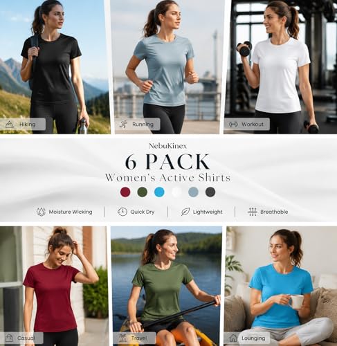 Image of 6 Pack Workout Tops for Women Short Sleeve Athletic Quick Dry T Shirts | Lightweight, Quick Dry, UPF UV Protection, Breathable, Crew Neck Tee, for Tennis, Yoga, Running, Gym, Fitness, Daily Wear