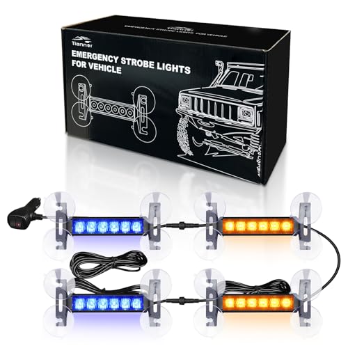 Tiannor 4X 6.1 inch Emergency Strobe Lights 24 LED Hazard Warning Flashing Safety Dash Front/Rear/Side Windshield Deck Split Lights for Construction Vehicles Tow/Plow Trucks (Amber/Blue)