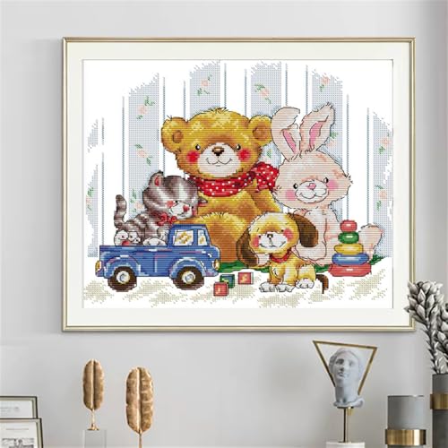 Image of JOYSEWING Bear Stamped Kits Cross Stitch Kits Beginners Embroidery 11CT Needlepoint Kits Counted Patterns Embroidery DIY Home Decoration Cute Animals - (Good Friends (Printed)) 17.3x15.4 inch