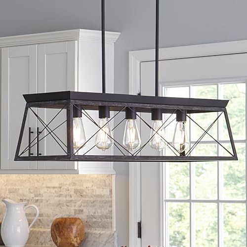 Image of Progress Lighting Briarwood Collection 5-Light Dining Room Light Fixture, Farmhouse Style Modern Chandelier for Kitchen and Dining Room, 38 inch by 9 inch, Black
