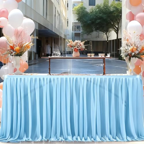 Flunyina 6ft Blue Tulle Table Skirt Extra Long Blue Chiffon Table Skirt Ruffle Tablecover Spandex Fitted Dessert Table Cover Stretch Elastic Hem for Wedding Birthday Banquet Events Party Decoration by Flunyina - Used condition - Image 4