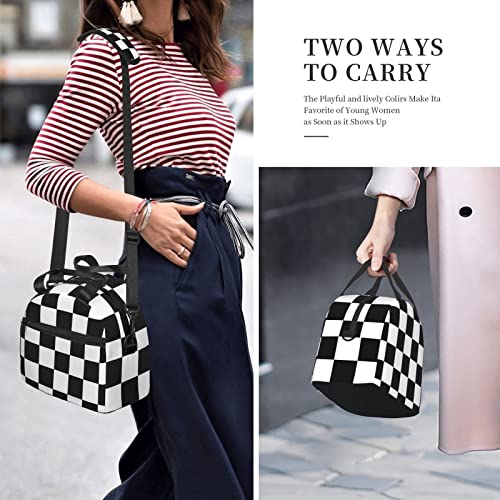 Black White Checkered Print Lunch Bag Checkerboard Reusable Insulated Lunch Tote Bag Lunch Box Container With Adjustable Shoulder Strap For Office Work School Picnic Travel #TOP6