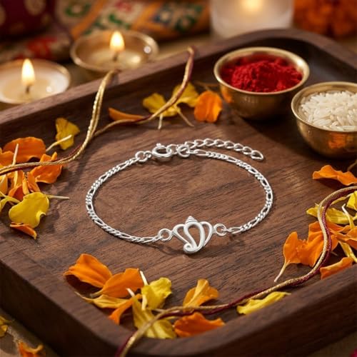 Image of Parnika Pure 925 Sterling Silver Ganesha Rakhi for Brother | Hallmarked Silver Rakhi Bracelet for Bhaiya | Raksha Bandhan Gift