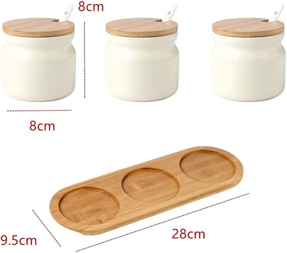 Set of 3 Sugar Bowl, 300ml Ceramic Spice Jar seasoning container salt jar with Bamboo Lid and Ceramic Spoon for Kitchen
