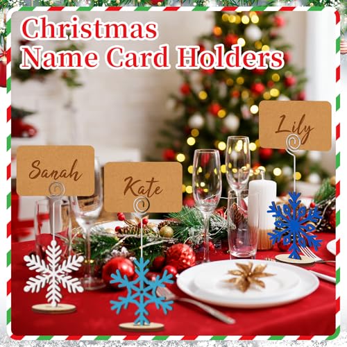 Funnymoom 20 Pcs Christmas Wood Place Card Holders Stand Display and 20 Kraft Place Cards Santa Snowman Elk Number Name Photo Picture Clip Holder for Xmas Party Table Decoration (Blue White Snowflake)