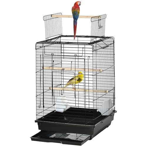 PawHut Bird Cage Parrot Cage Budgie Cage 59cm with Openable Top, Stand, Tray, Handles, Feeding Bowls for Parakeet, Finch, Black