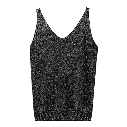 Debardeur pour Femme avec Tricot à Paillettes Sexy sans Manches Débardeur Col en V Tee Shirt Gilet Décontracté à Paillettes T-Shirt à Bretelles Élégant Couleur Unie Taille Unique Chemisier
