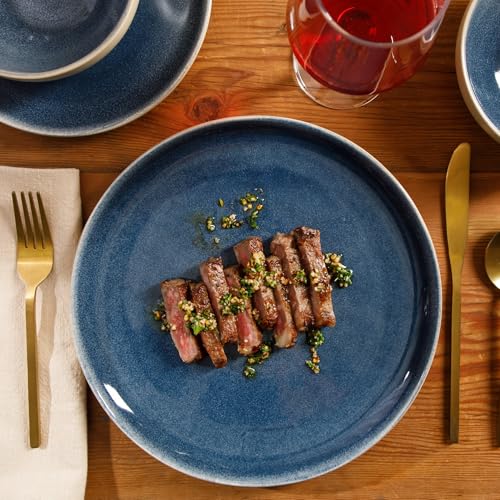 Image of Gibson Elite Manila Bay 12-Piece Stoneware Dinnerware Set, Service for 4, Reactive Glaze Modern Artisan Plates, Bowls & Mugs, Blue, Round Design