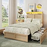Maupvit Twin Size Boho Bed Frame with Rattan Hidden Storage Headboard, LED Light and 4 Drawers, Charging Station, Metal Platform Bed, No Box Spring Needed,Brown