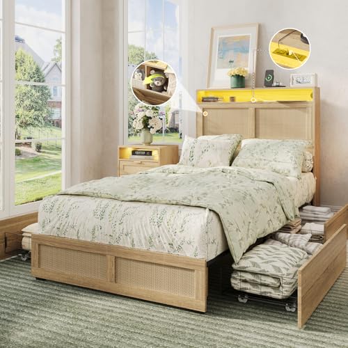 Maupvit Twin Size Boho Bed Frame with Rattan Hidden Storage