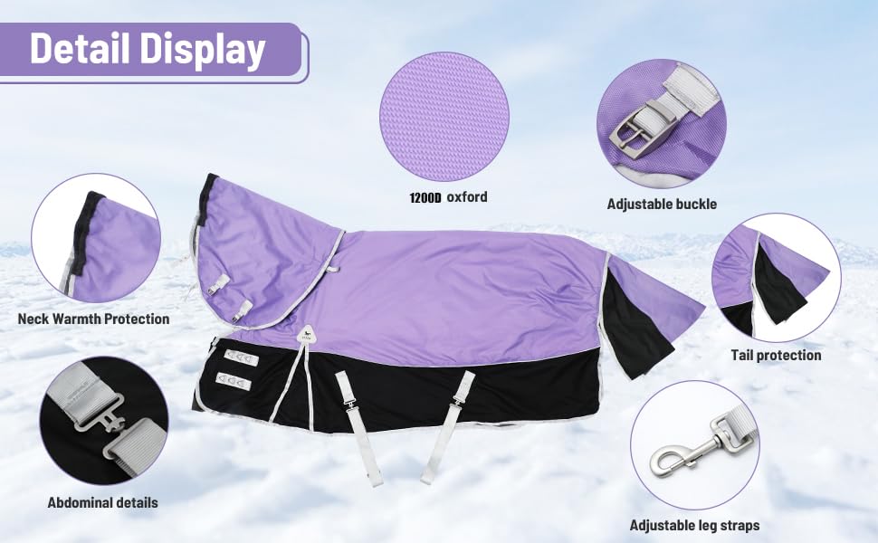 Image of Steed Horse Winter Blanket with Neck Sleeve, 1200D Oxford, Purple 78in
