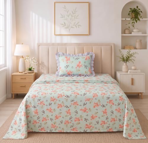 Image of BSB HOME 240 Tc Premium Single Bed Bedsheet, Soft Comfortable Bed Sheet with 2.5 Inches Frill Border, Stylish Printed Bedding for Bedroom, Elegant Bedsheet, 60 x 90 Inches - Seafoam
