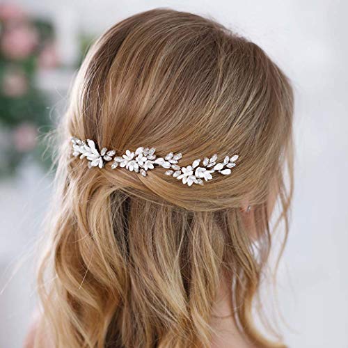 Aukmla Bridal Hair Pins White Bridal Flower Headpiece Ivory Wedding Hair Accessories Rhinestone Hair Pins Crystal Hair Clips Bridal Floral Hair Pins for Women and Girls (3 PCs)