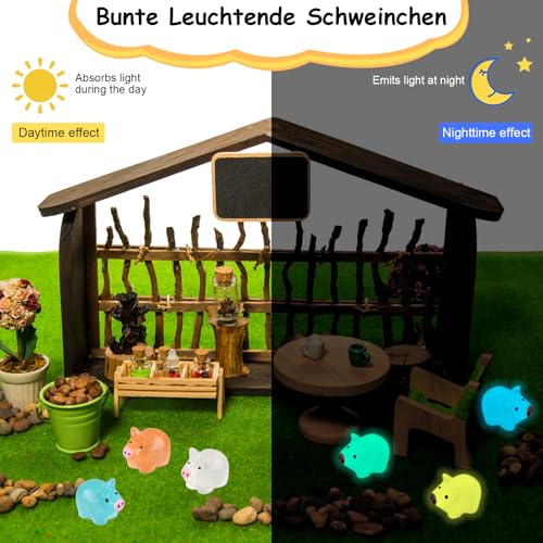 Tikplus Schwein Mini Figuren, Kleine Schwein 60 Stück, Niedliche Schweinchen Deko, Harz Tiere Spielzeug, Leuchtende Bunt Schwein, DIY Puppenhaus Zubehör für Miniatur Garten Landschaft (6 Farben)