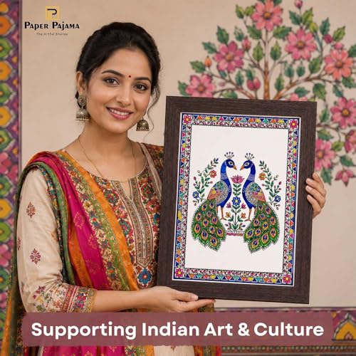Image of PAPER PAJAMA Peacock Pair Wall Art for Living Room | Madhubani Peacock Painting | Traditional Indian Folk Art Bird Artwork Framed Decor for Home, Bedroom & Office (10x13 Inches)