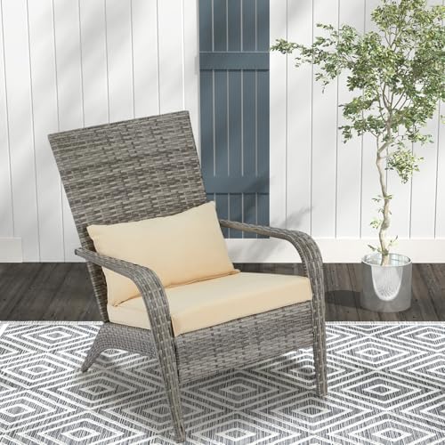 AECOJOY Outdoor Dining Chairs, Outdoor Patio Adirondack Rattan Chair with Cushion and Pillow for Garden,Backyard,Porch, Grey