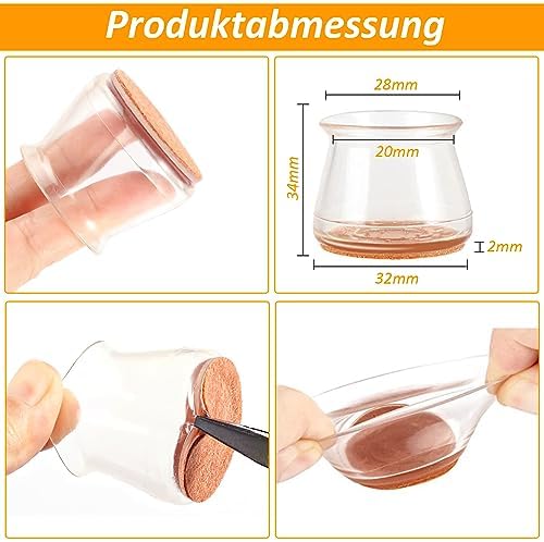Vancone Pack of 24 Chair Leg Caps, Chair Leg Protectors, Transparent Protective Caps for Chair Legs, Furniture Silicone Chair Leg Caps with Felt Pads for Hardwood Floors, Tiles and Laminate Floors