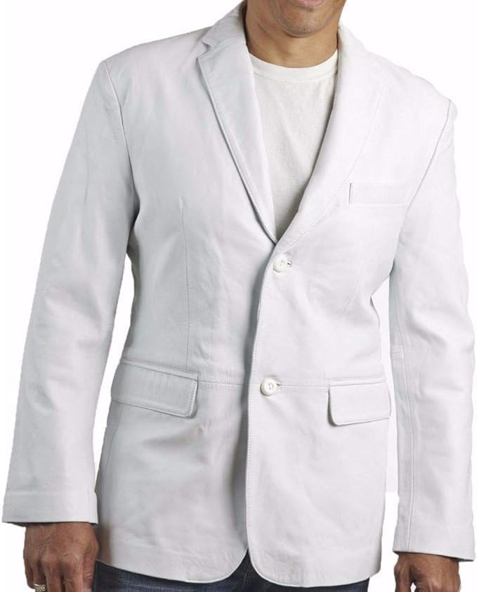 Men's White Casual Leather Blazer - Real White Leather Slim Fit Formal Coat for Men