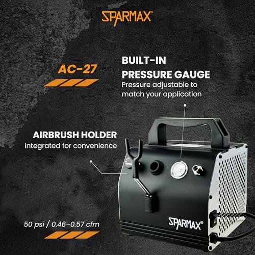 Image of Sparmax AC27 Airbrush Compact Compressor - Portable, Oil-Free Piston, Adjustable Pressure with Built-in Gauge & Airbrush Holder - for Makeup, Nail Art, Models, Crafts