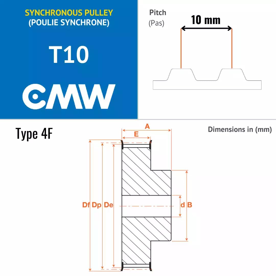 CMW - T10Z026-031 - Poulies synchrones - Profil métrique - Section T10 - Pré alésée (8mm) - 26 dents - Pas de 10 mm - Aluminium