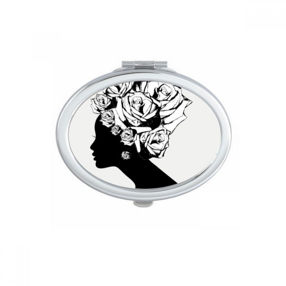 Miroir compact ovale de poche mignon pour maquillage fleur rose noir blanc
