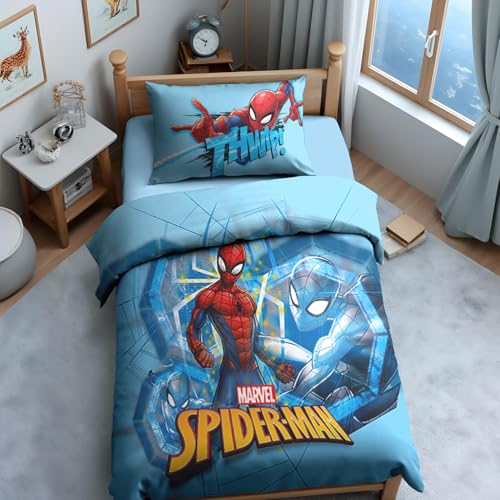 Image of Sassoon Marvel Spiderman (THEWIP) Digital Printed, Cotton Single Bedsheet, 300 TC, 1 Pillow Cover, Fade Resistant, Bedsheet for Kid's Bedroom, (1.50m X 2.35m)