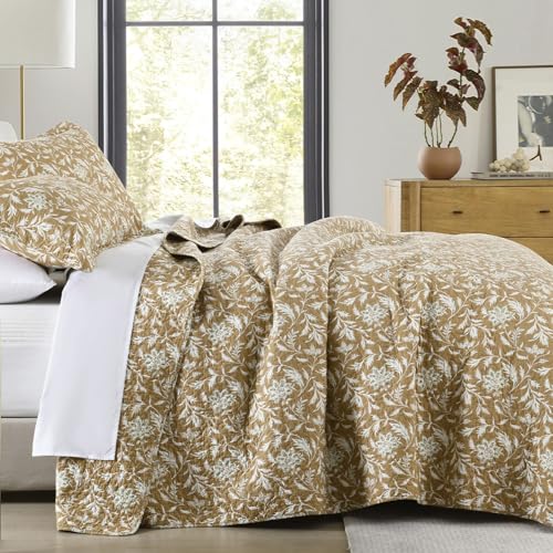 SahSahCasa 100% Cotton Quilt Queen Size, Queen Quilt Set, Quilted Bedspread Lightweight Comforter, Botanical Pattern Queen Bed Spread, All Season, 3pcs, Khaki/Green