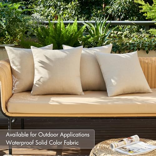 MIULEE Pack of 4 Decorative Outdoor Throw Pillow Covers Linen Waterproof Pillow Covers Farmhouse Cushion Cases for Patio Garden Tent Balcony Couch Sofa 18x18 inch Beige - 1