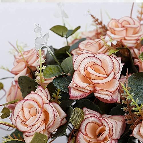 LESING Artificial Flowers in Vase Silk Rose Flower Arrangements Fake Faux Flowers Bouquets with Ceramics Vase Table Centerpieces for Dinning Roon Table Kitchen Decoration (Pink)