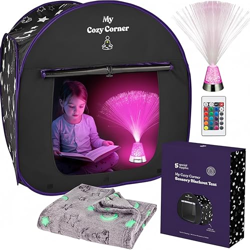 Special Supplies Blackout Sensory Tent for Kids, Pop Up Calming Play Room with Fiber Optic Lamp and Glow-in-The-Dark Fuzzy Blanket