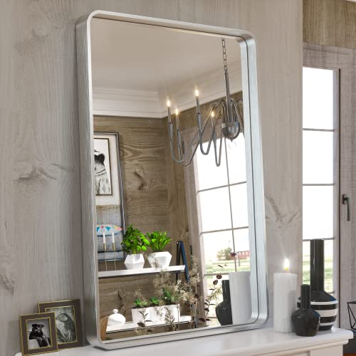 TETOTE 24 x 36 Inch Vanity Mirror, Silver Trimmed Wall Mounted Mirrors, Brushed Silver Rectangle Modern Metal Framed Mirror for Bathroom (Horizontal/Vertical) by TETOTE - Used condition - US$65.14
