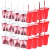 Yungyan 24 Pcs Gingham Red and White Party Supplies Disposable Plastic Cups 16 oz Picnic Checkered Tumblers for Summer BBQ Pizza Cookout Family Dinner Birthday Party Decoration