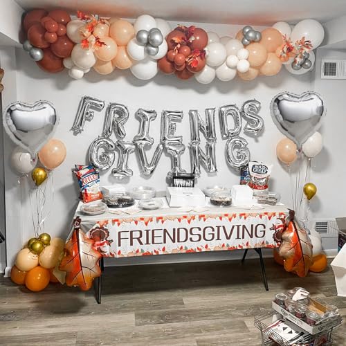 Image of Friendsgiving Balloons Friends Giving Party Decorations 16 Inches Tall Silver Heart Friendsgiving Foil Mylar Balloon Letter Banner for Fall Theme Thanksgiving Friends Party Backdrop Supplies
