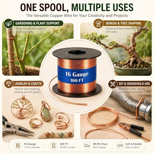 Image of Therwen 100ft 16 Gauge Copper Wire for Gardening, Electroculture, Bonsai, Jewelry Making Beading DIY Craft Pure Bare Copper Wire Spool