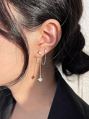 Star 925 Sterling Silver Double Piercing Earrings Huggie Cuff Chain for Women Teen Girls 2 Holes CZ Charm Dangle Drop Small Hoop Earrings Cartilage Climber Jewelry3