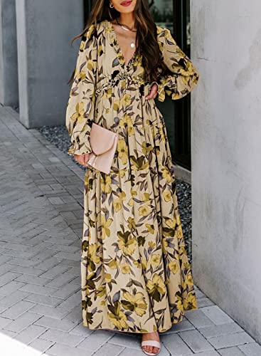 Image of BLENCOT Womens Casual Boho Floral Printed V Neck Long Sleeve Long Maxi Dress Spring Summer Dresses