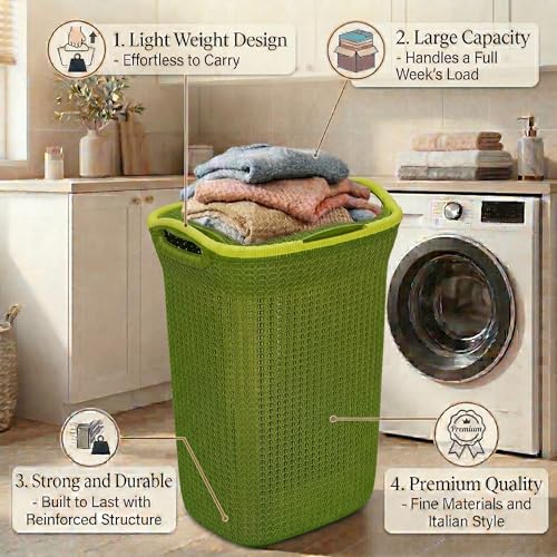 Image of Plastic Laundry Basket with Lid | 60L Extra Large Knit Hamper | Strong & Durable | Ideal for Bathroom, Bedroom & Kids Room | Multipurpose Cloth Storage Organiser | 36 x 46 x 61 cm | Olive Green