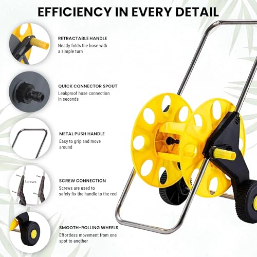 Image of ROOTS & LEAF Garden Pipe Holder with Wheels | Hose Reel Stand with Retractable Handle | Water Pipe Holder for 50M 1 /2 inch Hose | Easy-Carry Handle & Smooth-Rolling Wheels