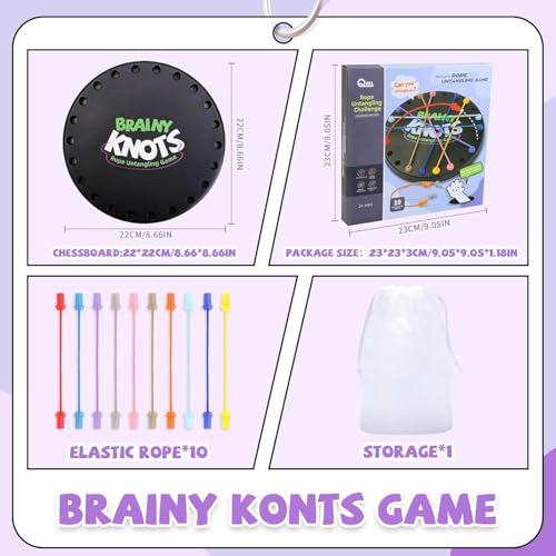 Image of LUXART Brainy Knots Rope Untangling Challenge | Premium Logic Board Game for Kids & Adults | 22 x 22 cm Puzzle Game with 3 Difficulty Levels | Includes 10 Elastic Ropes & Storage Bag