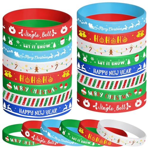 NEBURORA 24pcs Christmas Silicone Bracelet 8 Style Rubber Wristband Xmas Pattern Wrist Band for Merry Christmas Theme Party Decor Supplies