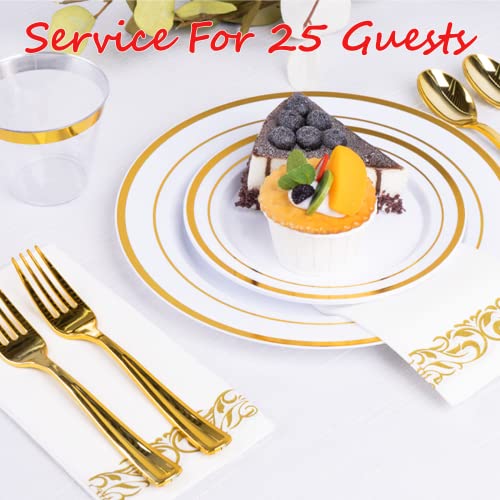 175 Piece Gold Dinnerware Set For 25 Guests, Plastic Plates Disposable For Party, Include: 25 Gold Rim Dinner Plates, 25 Dessert Plates, 25 Paper Napkins, 25 Cups, 25 Gold Plastic Silverware Set… #TOP1