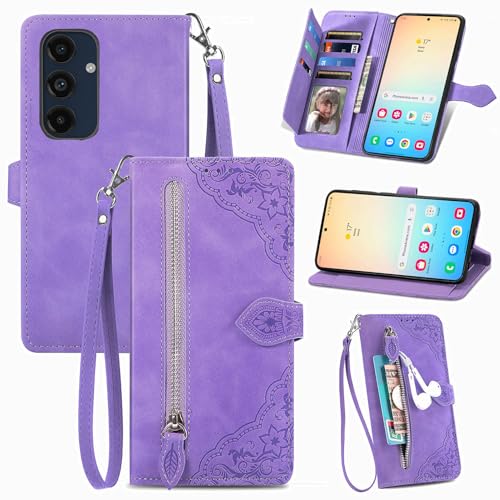 Fofvccv Wallet Case for Samsung Galaxy A16 with Zipper Pocket Card Holder Wrist Strap, Women Embossed Flower PU Leather Flip Folio Cover with Stand for Samsung A16 SZY Purple by Fofvccv - Used condition - US$9.64