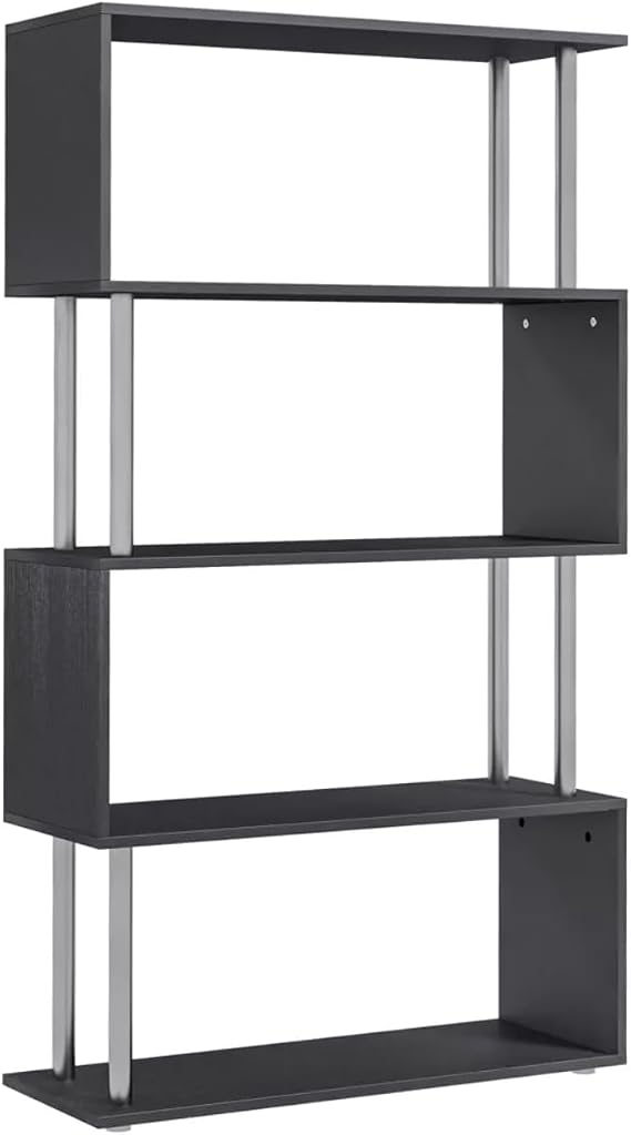 5 Shelf S-Shaped Bookcase,Modern Ladder Bookshelf with Stainless Steel Frame, Wooden Z Shaped 5-Tier Etagere Bookshelf Stand for Home Office Living Room Decor Books Display(Brown)59.60x31.50x11.60inch
