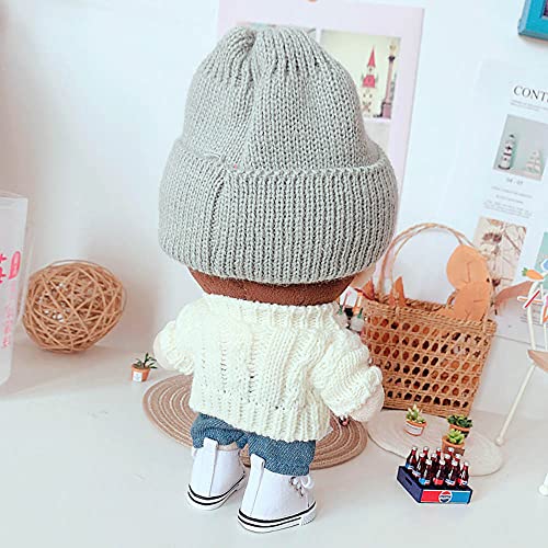 niannyyhouse Doll Clothes Suit 20cm Plush Doll Clothes Square Face Hat White Sweater Denim Shorts 8in Kpop Stuffed Doll Clothing Dressup (Black) - Image 4